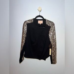 NWT GIBSON LATIMER BLACK WITH GOLD SEQUIN SIDE ZIPPER BOMBER JACKET. SMALL